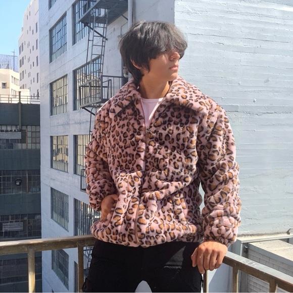 Men's Fashion PinkBrown Leopard Faux Fur Fuzzy Coat NWT